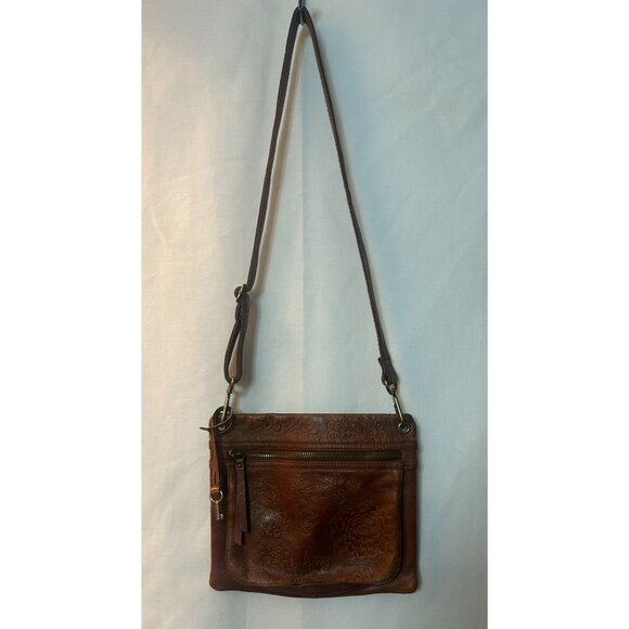 Vintage Fossil Embossed Leather Crossbody Bag Floral Adjustable Strap - Picture 2 of 5